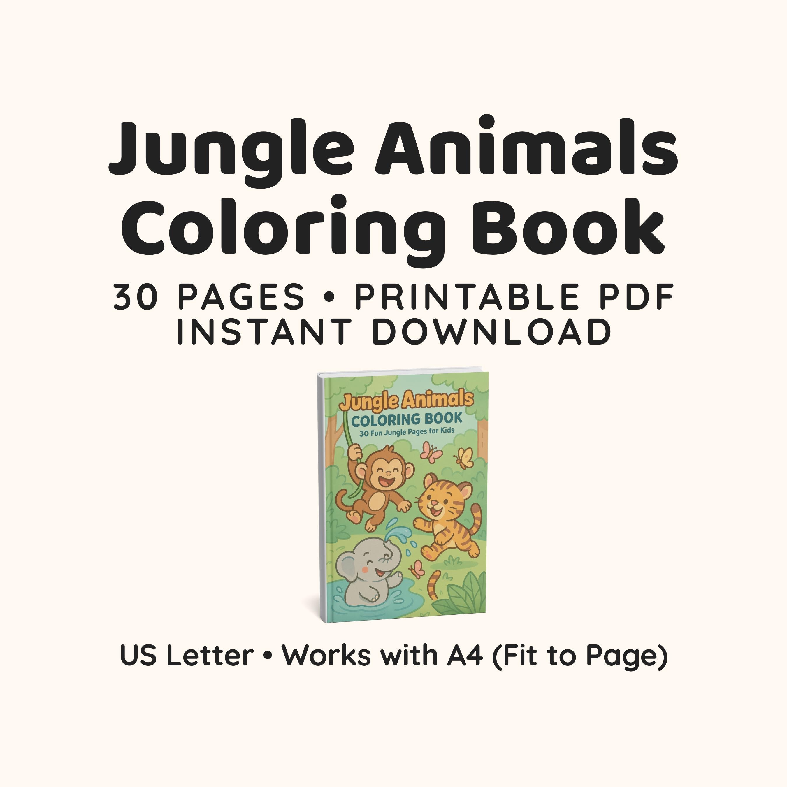 Jungle Animals Coloring Book for Kids Ages 4–6 (printable PDF, 8.5x11 ...