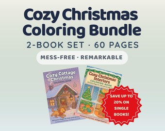 May include: A Cozy Christmas Coloring Bundle with two coloring books, 60 pages total. The books are titled "Cozy Cottage Christmas" and "Cozy Christmas Interiors." A red starburst graphic states "Save up to 20% on single books!"