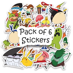 Puede incluir: Un paquete de seis pegatinas con varios personajes de dibujos animados. Las pegatinas son coloridas y tienen un borde blanco. El texto "Pack of 6 Stickers" se muestra en el centro.