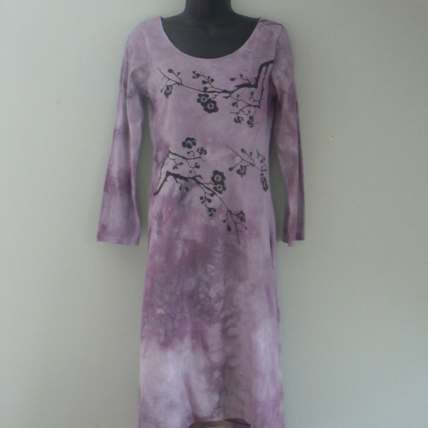 Purple, Lavender Dress Hand Printed with Cherry Blossoms.