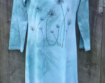 Cotton Dress, Hand Dyed, Hand Printed Dandelion, with Uneven Hem.