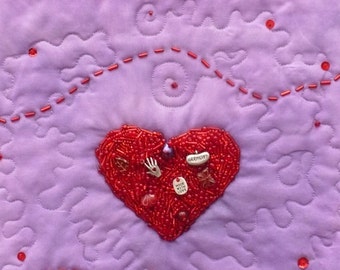 Red Heart Quilted Wall Hanging, Beaded Red Heart, Hand Beaded, Glass Beads