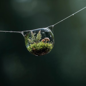 May include: A macro photograph of a water droplet suspended on a thin strand. Inside the droplet is a miniature ecosystem with green moss, small plants, and two tiny mushrooms. The background is a blurred, dark green.