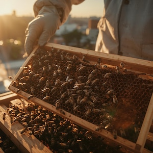 May include: A beekeeper holds a wooden frame filled with honeycombs and bees. The frame is part of a larger wooden beehive. The image is taken outdoors with a bright, warm sunset in the background.