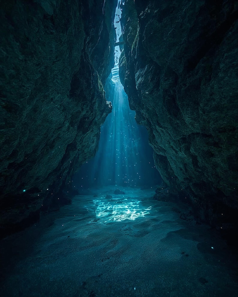 Underwater Bioluminescent Cave Scene - Photorealistic Ocean Stock Photo ...