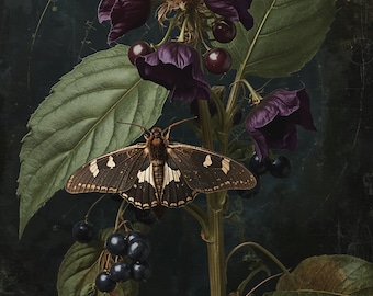 May include: A detailed botanical illustration of a moth with brown and white markings, resting on a plant with deep purple flowers, green leaves, and dark berries. The background is a dark, textured surface with a celestial design.