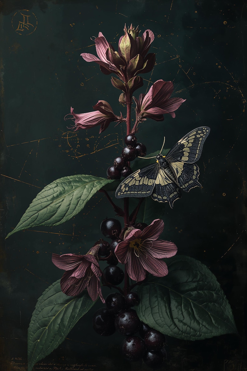 Botanical Moth Art Print | Dark Academia Whimsigoth Wall Decor - Etsy