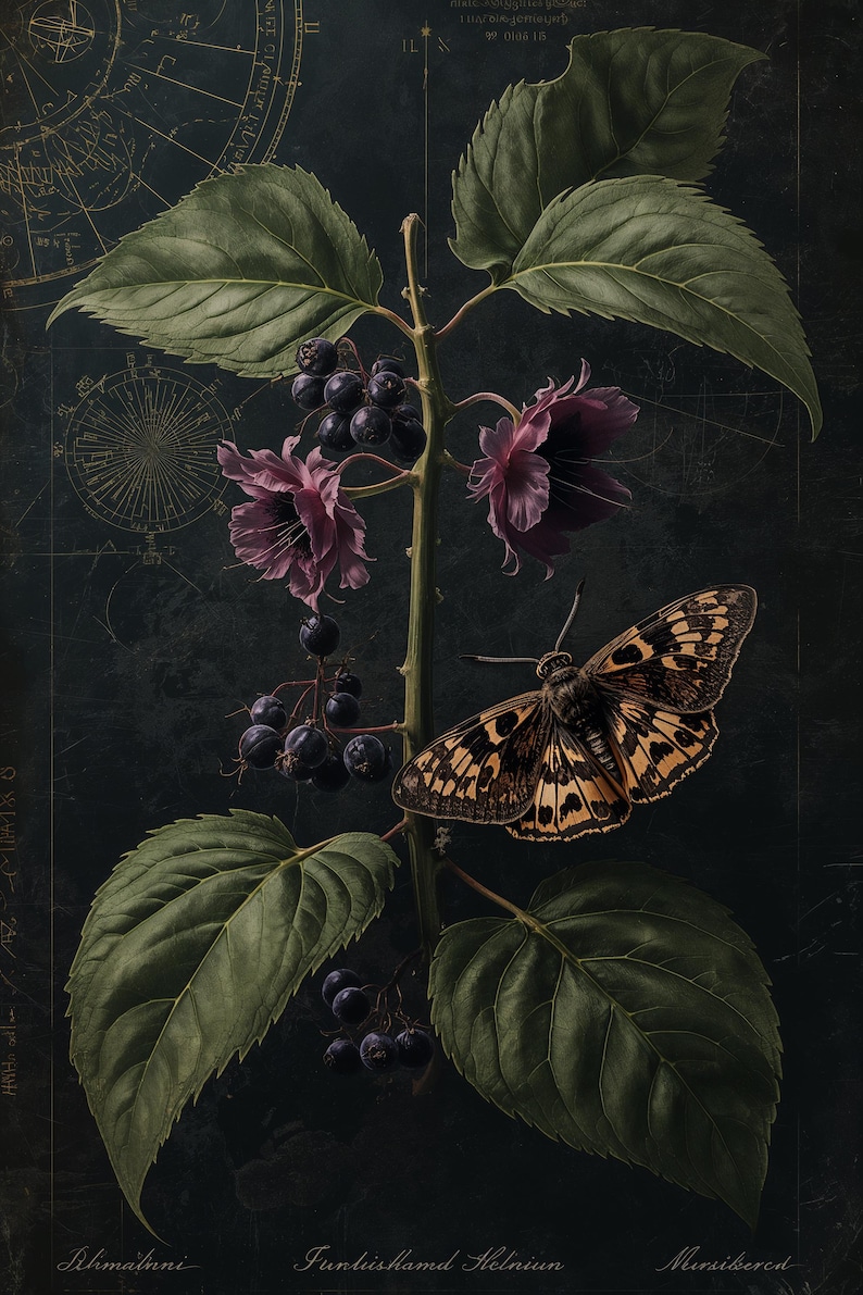 Botanical Moth Art Print | Dark Academia Whimsigoth Wall Decor - Etsy