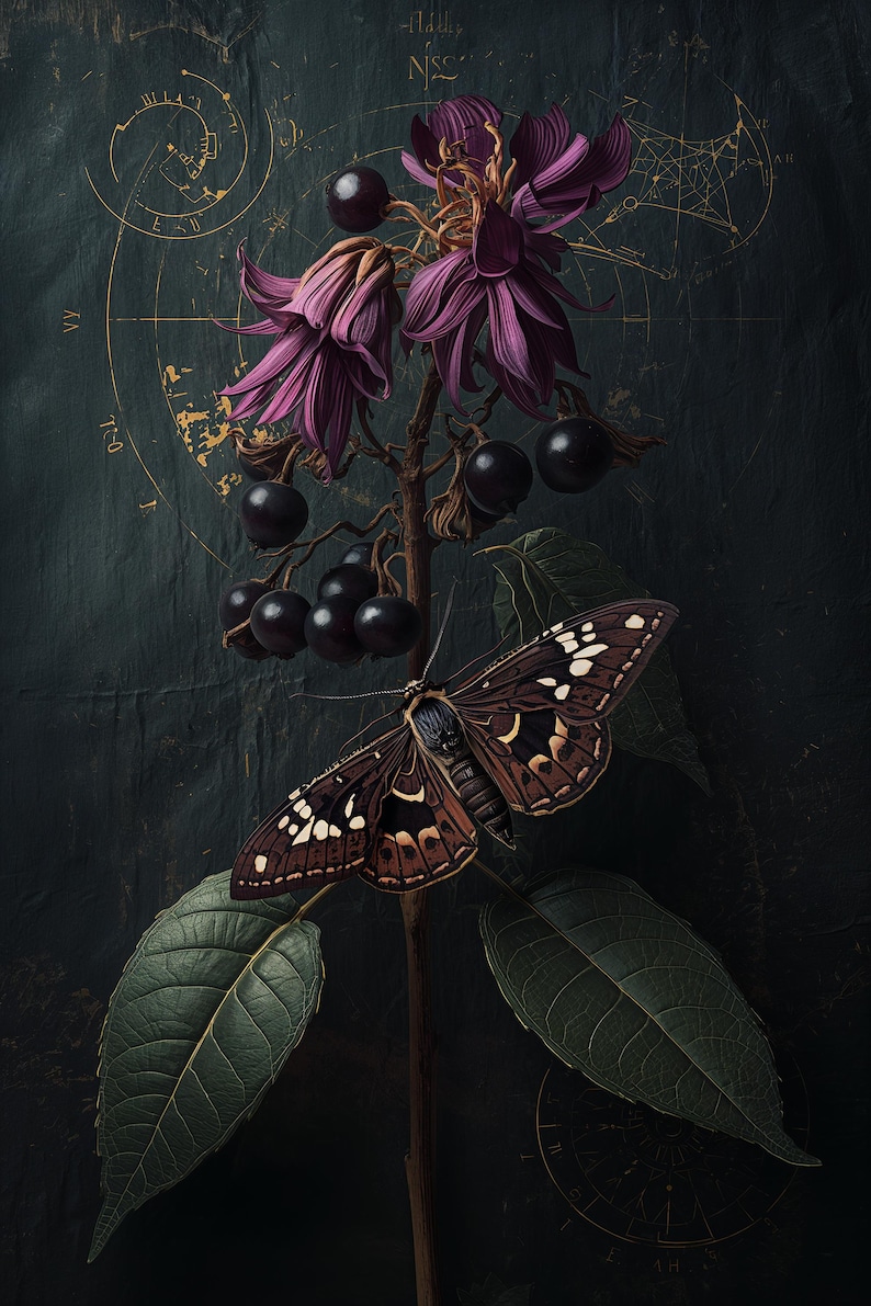 Botanical Moth Art Print | Dark Academia Whimsigoth Wall Decor - Etsy