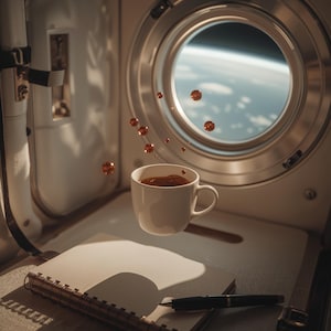 Könnte beinhalten: Eine weiße Keramik-Kaffeetasse schwebt in einer Raumstation, mit schwebenden Kaffeetropfen. Ein Spiralnotizblock und ein Stift liegen auf einer Oberfläche, mit einem Bullauge, das die Erde im Hintergrund zeigt.