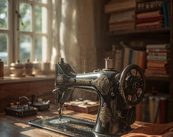 Vintage Sewing Machine Close-Up - Cozy Sewing Room Photography - Fabric & Threads Art Print