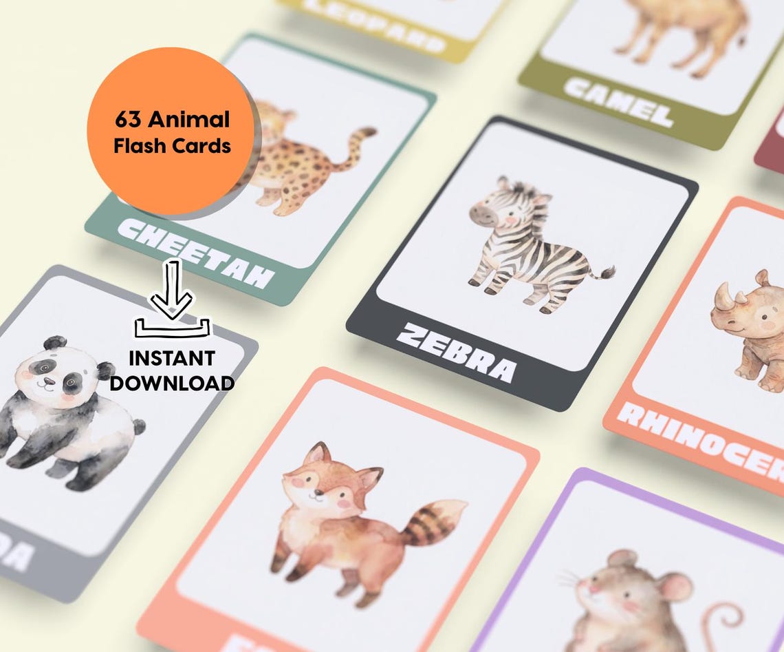 63 Animal Flash Cards for Kids | Printable Montessori Cards | Preschool ...