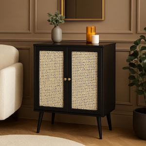 Black Sideboard Cane Door Boho Style Wooden Storage cabinet for Living Room Décor