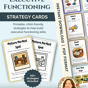May include: Executive functioning strategy cards featuring printable, child-friendly guides. The cards display various techniques like Grounding 5-4-3-2-1, Future Peek, Chunk Timer, and Picture Perfect Spot with illustrations and text to help build skills.