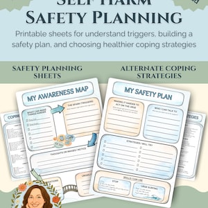 Puede incluir: Un conjunto de hojas imprimibles de planificación de seguridad contra la autolesión con secciones tituladas My Awareness Map y My Safety Plan. Los documentos incluyen campos para completar sobre disparadores y estrategias.