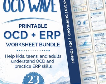 May include: A printable OCD and ERP worksheet bundle featuring 23 pages of educational content. The cover displays the text Riding the OCD Wave, Printable OCD + ERP Worksheet Bundle, and includes a portrait of a woman in a blue shirt.