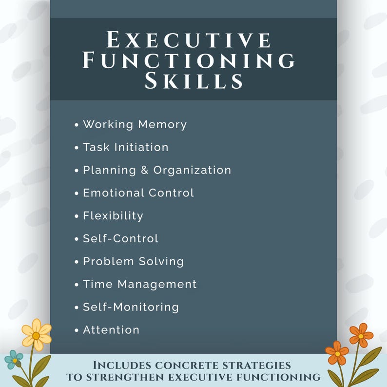 K&ouml;nnte beinhalten: Eine t&uuml;rkisfarbene Grafik mit dem Text "EXECUTIVE FUNCTIONING SKILLS". Darunter eine Liste mit: Arbeitsged&auml;chtnis, Aufgabeninitiierung, Planung & Organisation, Emotionskontrolle, Flexibilit&auml;t, Selbstkontrolle, Probleml&ouml;sung, Zeitmanagement, Selbst&uuml;berwachung und Aufmerksamkeit.