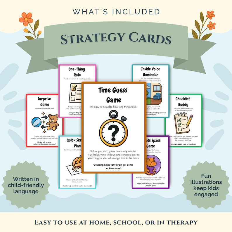 Pode incluir: Um conjunto de cart&otilde;es de estrat&eacute;gia com o texto "WHAT'S INCLUDED" e "STRATEGY CARDS". Os cart&otilde;es apresentam v&aacute;rios jogos e lembretes, incluindo "Time Guess Game" e "Checklist Buddy". O design inclui ilustra&ccedil;&otilde;es e o texto "EASY TO USE AT HOME, SCHOOL, OR IN THERAPY".