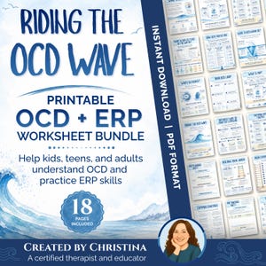 Pode incluir: Um pacote de planilhas imprimíveis de TOC + ERP intitulado "Riding the OCD Wave". A capa apresenta um gráfico de ondas azuis e texto. O pacote inclui 18 páginas e foi projetado para ajudar crianças, adolescentes e adultos a entender o TOC e praticar habilidades de ERP. Download instantâneo em formato PDF.