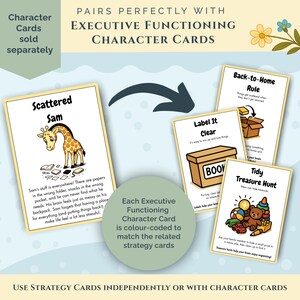 Pode incluir: Cart&otilde;es de personagens educativos para a fun&ccedil;&atilde;o executiva. Os cart&otilde;es apresentam ilustra&ccedil;&otilde;es e texto, incluindo "Scattered Sam" com uma girafa e "Back-to-Home Rule". Os cart&otilde;es s&atilde;o codificados por cores para combinar com os cart&otilde;es de estrat&eacute;gia.