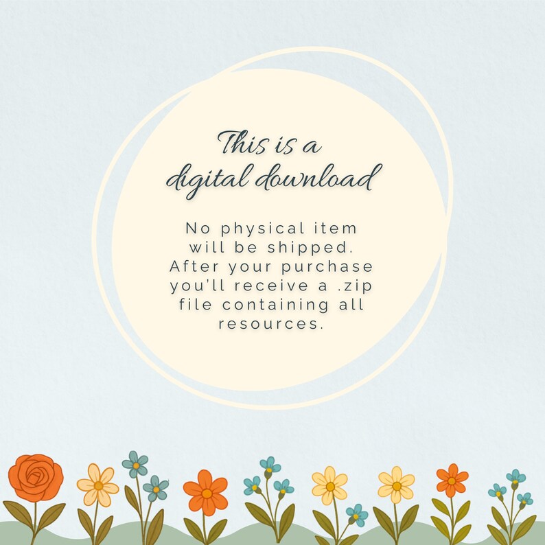 Pode incluir: An&uacute;ncio de download digital com texto em it&aacute;lico sobre um fundo azul claro. O texto diz "This is a digital download". Tamb&eacute;m afirma que nenhum item f&iacute;sico ser&aacute; enviado e um arquivo .zip ser&aacute; fornecido ap&oacute;s a compra.