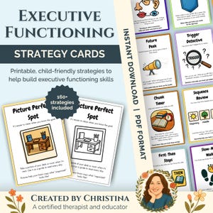 May include: Executive Functioning Strategy Cards. Printable cards with over 160 strategies to help build executive functioning skills. Includes "Picture Perfect Spot" cards and other visual aids. Instant download in PDF format.