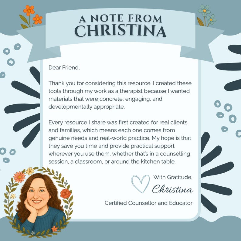 K&ouml;nnte beinhalten: Hellblaue und wei&szlig;e illustrierte Karte mit dem Text "A Note From Christina". Die Karte enth&auml;lt eine Nachricht, ein Portr&auml;t und florale Akzente. Der Text lautet "Certified Counsellor and Educator".