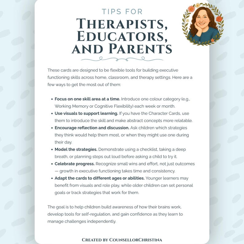 Pode incluir: Um cart&atilde;o branco com o texto "DICAS PARA TERAPEUTAS, EDUCADORES E PAIS" e marcadores com conselhos. Um retrato de uma mulher com flores est&aacute; no canto superior direito. O cart&atilde;o oferece dicas.