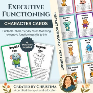 May include: Educational character cards for executive functioning skills. The cards feature illustrations of characters like "Forgetful Finn" and "Unaware Una." The cards are designed to help children learn and develop important life skills. The cards are available as an instant PDF download.