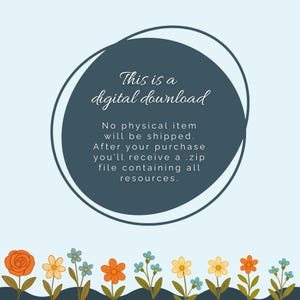 K&ouml;nnte beinhalten: Ank&uuml;ndigung zum digitalen Download mit t&uuml;rkisblauem Hintergrund und einem dunkelblauen Oval mit dem Text "Dies ist ein digitaler Download". Darunter steht, dass kein physischer Artikel versendet wird und eine .zip-Datei bereitgestellt wird. Unten befindet sich ein floraler Rand.