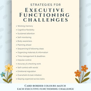 Pode incluir: Um cart&atilde;o creme com o t&iacute;tulo "ESTRAT&Eacute;GIAS PARA DESAFIOS DE FUN&Ccedil;&Atilde;O EXECUTIVA" em azul escuro. O cart&atilde;o lista estrat&eacute;gias como mem&oacute;ria de trabalho, flexibilidade cognitiva e gerenciamento de tempo. Flores decorativas nos cantos. O texto "AS CORES DA BORDA DO CART&Atilde;O COMBINAM COM CADA DESAFIO DE FUN&Ccedil;&Atilde;O EXECUTIVA" est&aacute; na parte inferior.