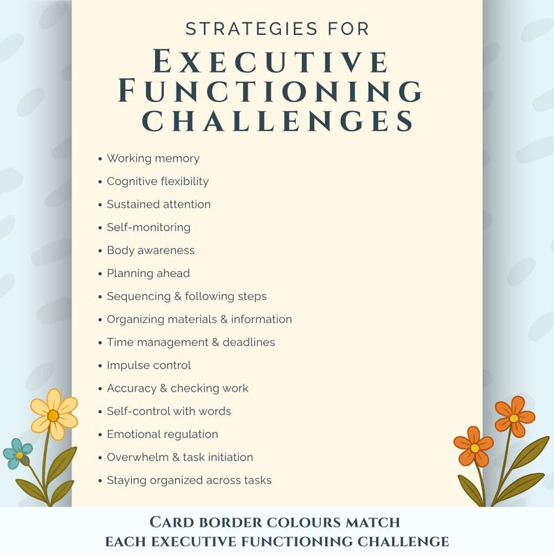 Pode incluir: Um cart&atilde;o creme com o t&iacute;tulo "ESTRAT&Eacute;GIAS PARA DESAFIOS DE FUN&Ccedil;&Atilde;O EXECUTIVA" em azul escuro. O cart&atilde;o lista estrat&eacute;gias como mem&oacute;ria de trabalho, flexibilidade cognitiva e gerenciamento de tempo. Flores decorativas nos cantos. O texto "AS CORES DA BORDA DO CART&Atilde;O COMBINAM COM CADA DESAFIO DE FUN&Ccedil;&Atilde;O EXECUTIVA" est&aacute; na parte inferior.