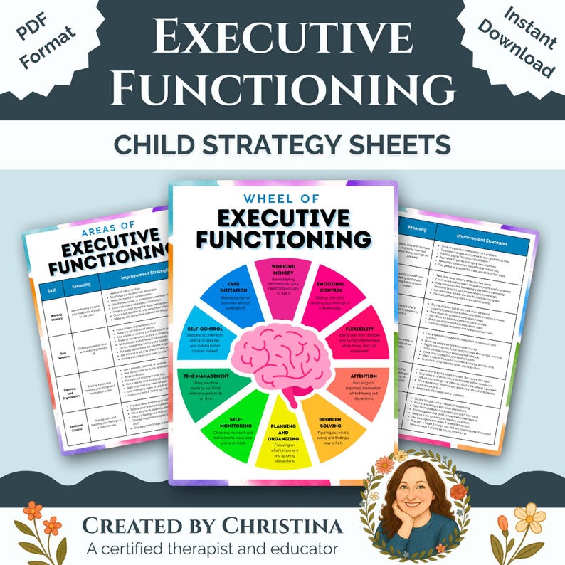 K&ouml;nnte beinhalten: Ein Satz druckbarer Kinderstrategiebl&auml;tter mit dem Titel "Executive Functioning". Das zentrale Blatt zeigt ein farbenfrohes Raddiagramm mit einer Gehirngrafik. Zus&auml;tzliche Bl&auml;tter beschreiben Bereiche der Exekutivfunktionen und Verbesserungsstrategien. Der Text "Sofort-Download" ist enthalten.