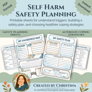 Hojas de trabajo de apoyo para la autolesión / Mapa de concienciación, plan de seguridad y estrategias de afrontamiento / PDF imprimible para terapia