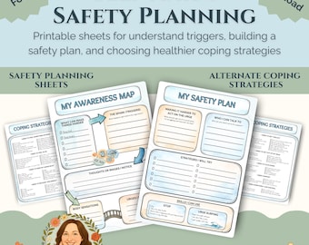 Hojas de trabajo de apoyo para la autolesión / Mapa de concienciación, plan de seguridad y estrategias de afrontamiento / PDF imprimible para terapia