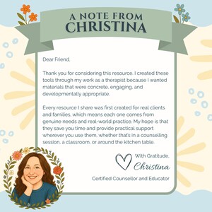 Pode incluir: Uma nota de Christina, conselheira e educadora certificada. A imagem apresenta uma nota manuscrita com uma borda floral e um retrato de Christina. A nota expressa gratid&atilde;o e explica que os recursos s&atilde;o projetados para suporte pr&aacute;tico.