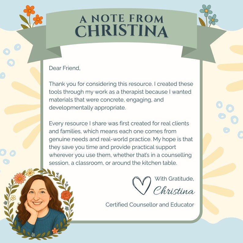 Pode incluir: Uma nota de Christina, conselheira e educadora certificada. A imagem apresenta uma nota manuscrita com uma borda floral e um retrato de Christina. A nota expressa gratid&atilde;o e explica que os recursos s&atilde;o projetados para suporte pr&aacute;tico.