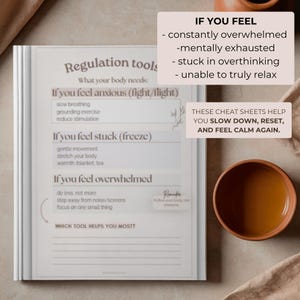 May include: A white notebook with the title "Regulation Tools" and text describing how to manage anxiety, feeling stuck, and feeling overwhelmed. The text includes "slow breathing" and "grounding exercise." A cup of tea sits nearby.