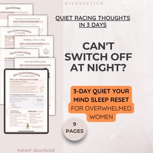 Quiet your mind sleep reset guide printable, racing thoughts overwhelm digtal plan pdf, calming bedtime routine journal worksheets workbook