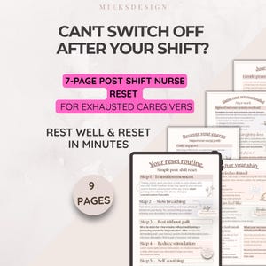 Nurse shift reset plan printable, Burnout recovery worksheets, post shift self care routine guide, stress relief for healthcare workers