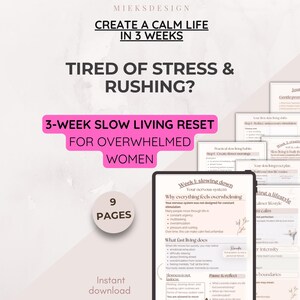 Reinicio de la vida lenta imprimible, guía digital de estilo de vida relajante, hojas de trabajo para la calma interior, planificador de alivio del estrés consciente en PDF, diario para mujeres