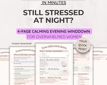 Night nervous system reset, calming evening anxiety guide digital, womens regulation wind down routine printable pdf, journal worksheets