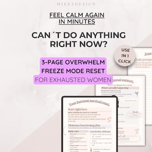 May include: A digital download with the text "Feel Calm Again in Minutes" and "3-Page Overwhelm Freeze Mode Reset for Exhausted Women." The image includes a tablet displaying a "burnout survival reset" plan and other informational pages.