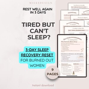 Könnte beinhalten: Digitaler Download mit einem 3-Tage-Schlaf-Recovery-Reset-Plan für ausgebrannte Personen. Das Design enthält den Text "Müde, aber kann nicht schlafen?" und "Erholen Sie sich wieder in 3 Tagen." Der Plan umfasst 9 Seiten.