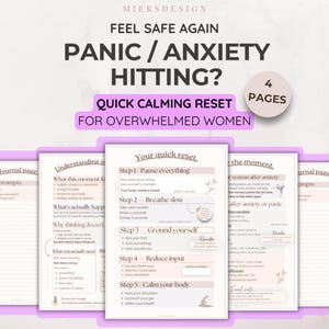Könnte beinhalten: Digitaler Download mit dem Text "Feel Safe Again" und "Panic/Anxiety Hitting?" in Schwarz. Das Bild enthält eine Schnell-Beruhigungs-Anleitung für überforderte Menschen. Der Leitfaden hat 4 Seiten.