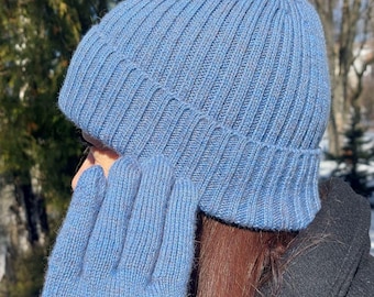 Hand Knit Alpaca & Merino Wool Hat and Gloves Set, Denim Blue Combo: Ribbed Beanie and Mittens, Christmas Gift Women's Set