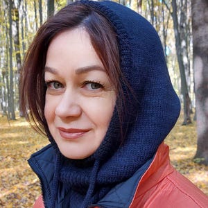 Dark Blue Hand Knitted Merino Wool Hood Warm Women Cozy Hat Winter Bonnet Hood Neck Warmer Knit Balaclava Woolen Cowl