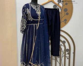Blue Georgette Gown, Embroidery Sequence Work, Dupatta, Bridesmaid Outfit