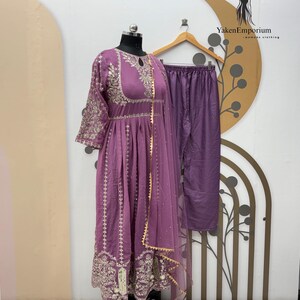 Lavender Georgette Anarkali Gown, Thread Sequence Work, with Dupatta