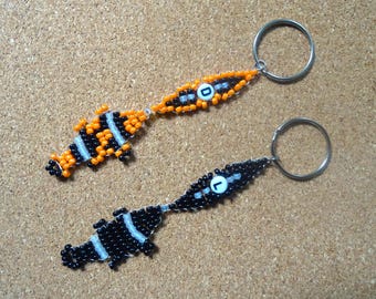 Beaded Clown Fish Keychain with Letter: Handmade Silver Wire & Bead Keychain